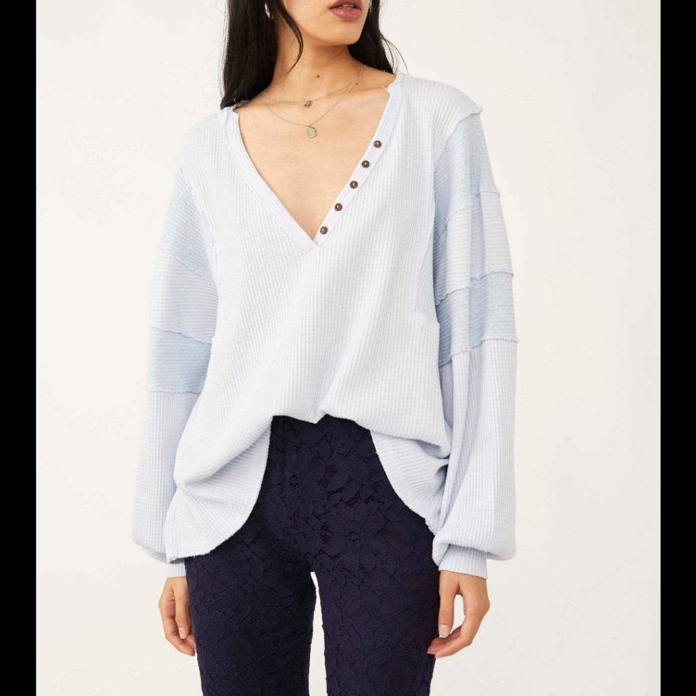 We The Free Blue Oversized Sweatshirt with Buttoned V-Neck